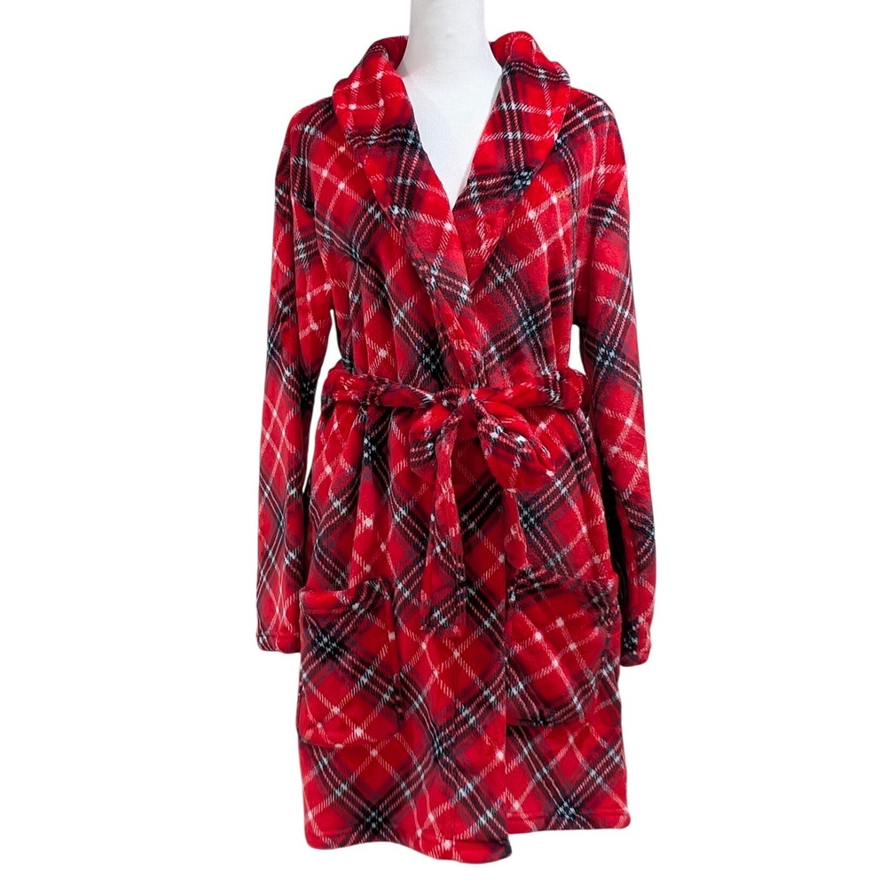PINK‎ Victoria's Secret Plaid Soft Fleece Robe Tie Waist Red Black White XS